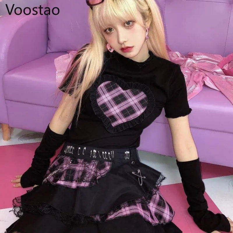 Harajuku Y2K Summer Short Sleeve Tshirt Gothic Women Kawaii Plaid Heart Ruffles Punk T-Shirts Female Streetwear Hip Hop Tee Tops - SS69