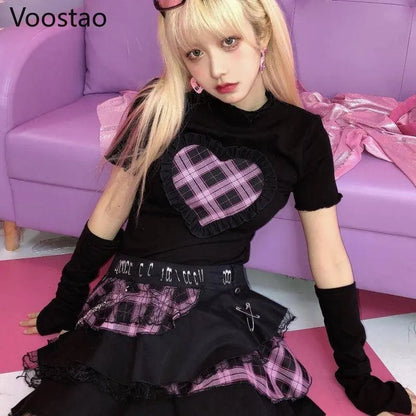 Harajuku Y2K Summer Short Sleeve Tshirt Gothic Women Kawaii Plaid Heart Ruffles Punk T-Shirts Female Streetwear Hip Hop Tee Tops - SS69
