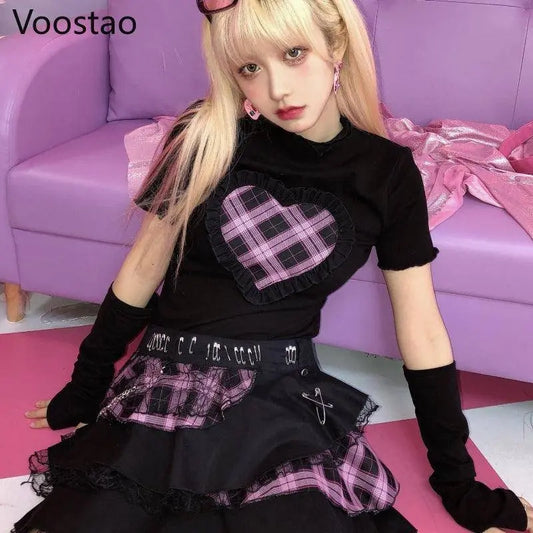 Harajuku Y2K Summer Short Sleeve Tshirt Gothic Women Kawaii Plaid Heart Ruffles Punk T-Shirts Female Streetwear Hip Hop Tee Tops - SS69