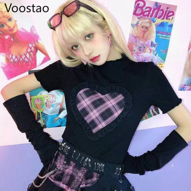 Harajuku Y2K Summer Short Sleeve Tshirt Gothic Women Kawaii Plaid Heart Ruffles Punk T-Shirts Female Streetwear Hip Hop Tee Tops - SS69