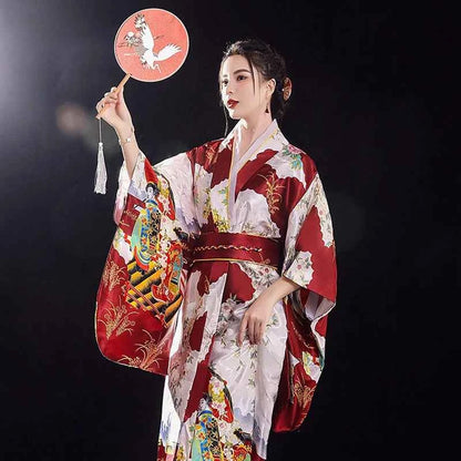 Burgundy Traditional Japanese Yukata Kimono Dress for Women Haori Floral  Cosplay Costumes Asian Long Robes Pajamas Clothing