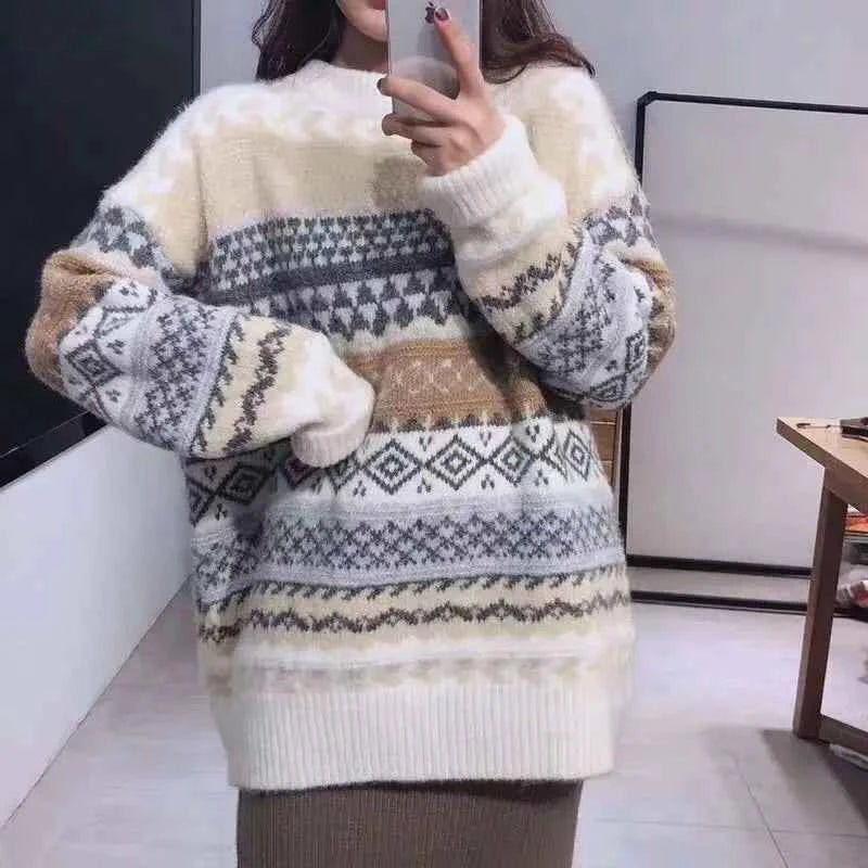 Vintage Sweaters Women Pullover Winter Striped Jumpers Korean Style Loose Pullover Knitwear Casual Loose Sweater Pull Femme