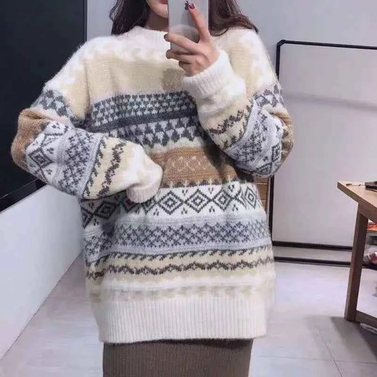 Vintage Sweaters Women Pullover Winter Striped Jumpers Korean Style Loose Pullover Knitwear Casual Loose Sweater Pull Femme