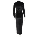 2022 Autumn Winter Women Solid Velvet Long Sleeve Ruched Midi Dress Side Slit Bodycon Sexy Streetwear Party Elegant Club SS69