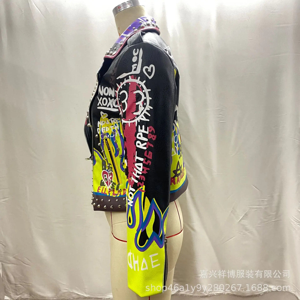 4XL fashion graffiti beading Women pu Leather Jacket Punk Style Motorcyle embrodiery leather Jackets Coats Streetwear F803 SS69