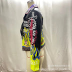 4XL fashion graffiti beading Women pu Leather Jacket Punk Style Motorcyle embrodiery leather Jackets Coats Streetwear F803 SS69