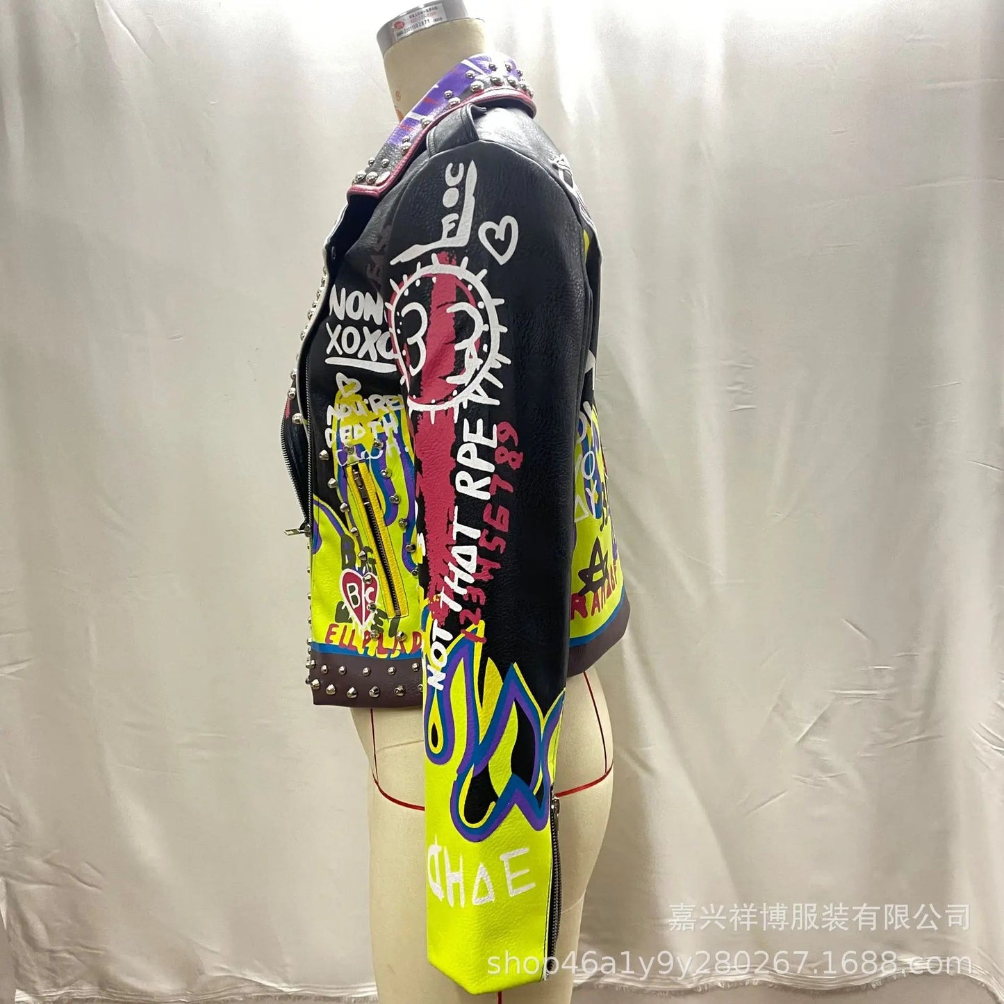 4XL fashion graffiti beading Women pu Leather Jacket Punk Style Motorcyle embrodiery leather Jackets Coats Streetwear F803 SS69