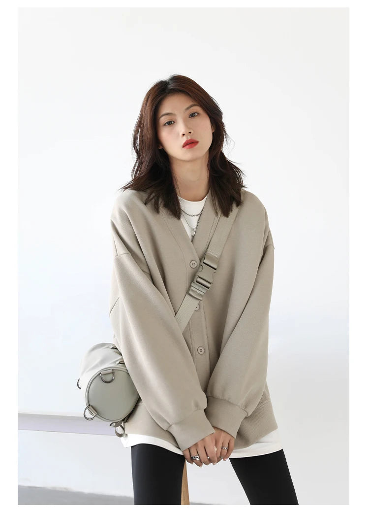 CHIC VEN Korean Autumn Winter Women's Sports Coat Casual Loose V-neck Sweatshirt for Women Thick Warm Tops Office Lady Female