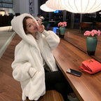 Nerazzurri Winter White Oversized Faux Fur Jacket Women with Hood Raglan Sleeve Zipper Korean Fashion Clothing for Womens 2021