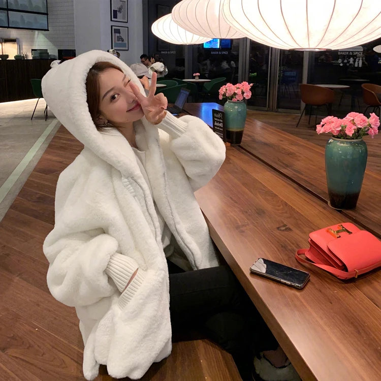 Nerazzurri Winter White Oversized Faux Fur Jacket Women with Hood Raglan Sleeve Zipper Korean Fashion Clothing for Womens 2021