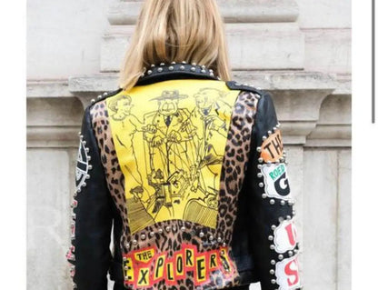 Autumn spring Locomotive graffiti cartoon pu Leather Jacket female Punk Style was thin Motorcyle Jackets Coat with belt F1962 SS69