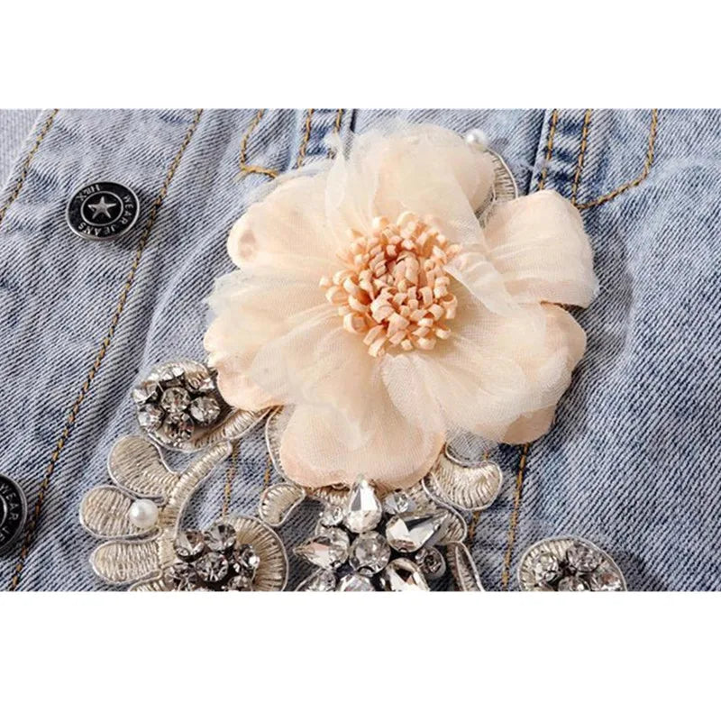 2024 New Autumn Women’s Denim Jacket Long Sleeve Overcoat Loose Three-dimensional Button Pearls Outwear Ripped Jeans Jackets SS69