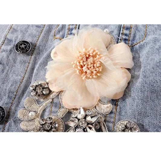 2024 New Autumn Women’s Denim Jacket Long Sleeve Overcoat Loose Three-dimensional Button Pearls Outwear Ripped Jeans Jackets SS69