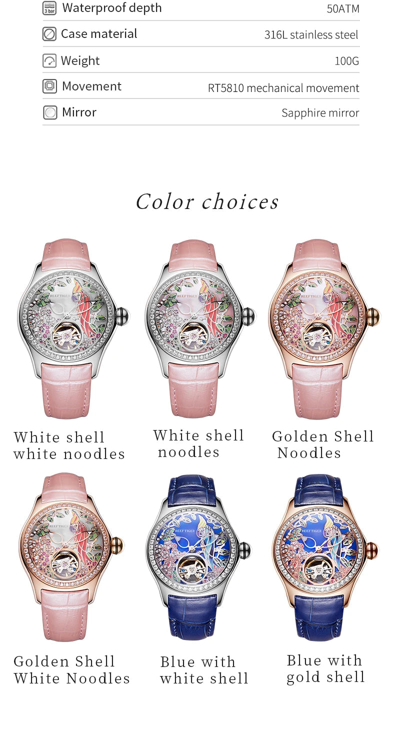 Reef Tiger/RT Womens Luxury Fashion Watches Diamond Automatic Tourbillon Watch Leather Strap Watch Relogio Feminino RGA7105 SS69