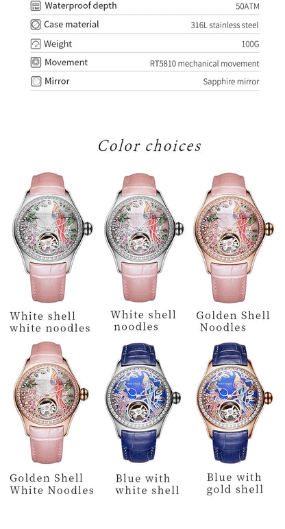 Reef Tiger/RT Womens Luxury Fashion Watches Diamond Automatic Tourbillon Watch Leather Strap Watch Relogio Feminino RGA7105 SS69