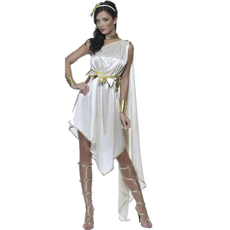 Lady Carnival Halloween Ancient Greek Goddess Athena Costume Asymmetrical Egyptian Robe Cosplay Fancy Party Dress