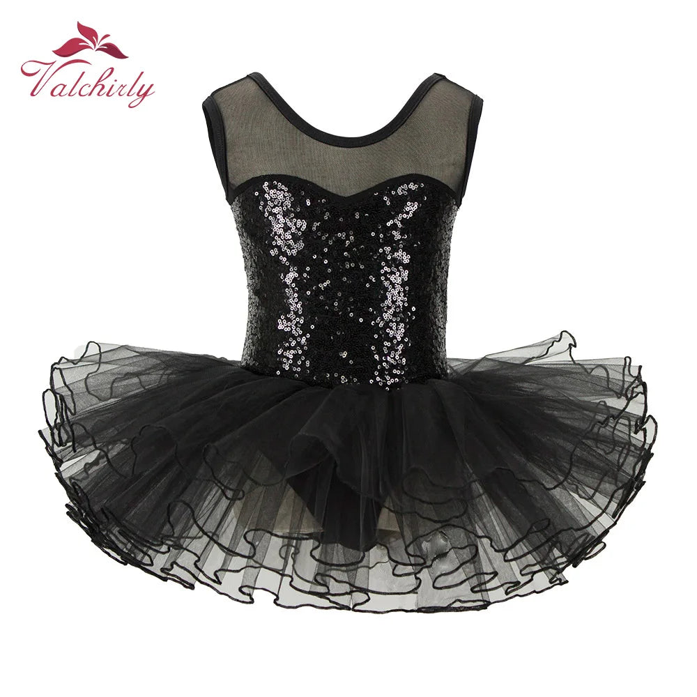 Valchirly Girls Sequined Ballet Tutu Dress with 4-Layer Tulle Skirt