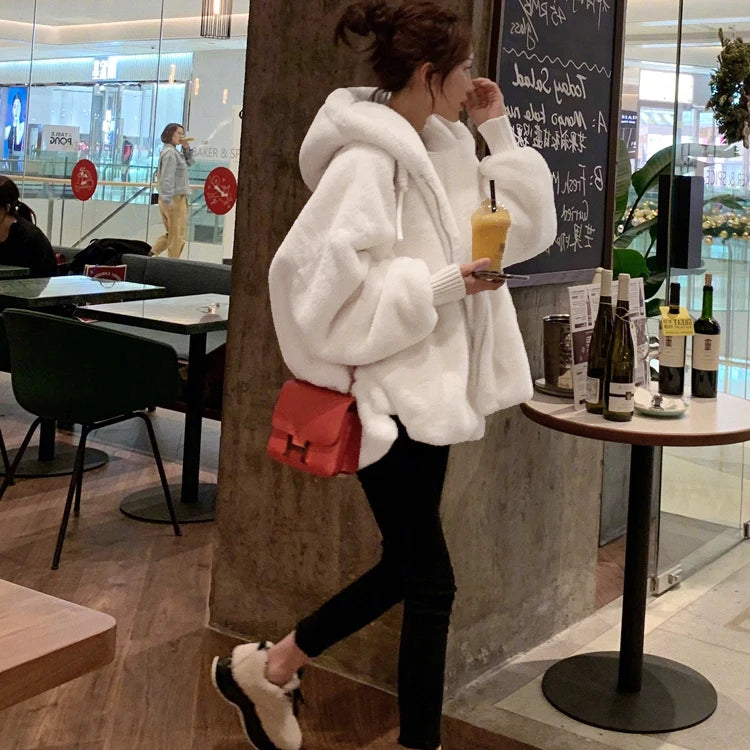 Nerazzurri Winter White Oversized Faux Fur Jacket Women with Hood Raglan Sleeve Zipper Korean Fashion Clothing for Womens 2021