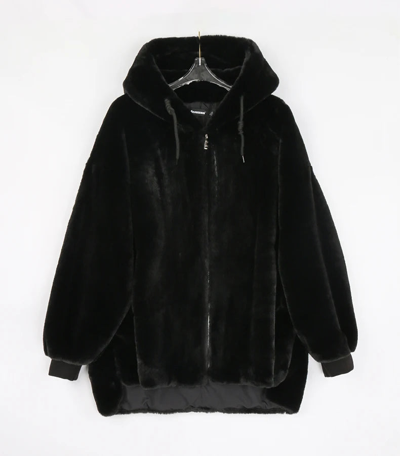 Nerazzurri Winter White Oversized Faux Fur Jacket Women with Hood Raglan Sleeve Zipper Korean Fashion Clothing for Womens 2021
