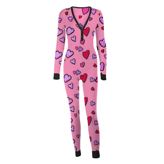 Sexy Women Pajamas Onesies Button-down Buttoned Flap Adults Pyjama Autumn Long Sleeve V-neck Jumpsuit Female Bodysuit Sleepwear