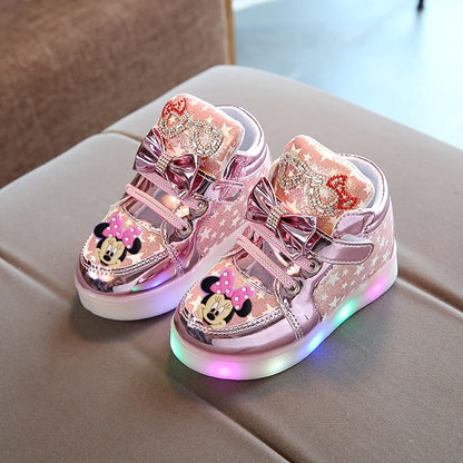 Disney Minnie girl children's sports shoes flashing shoes cartoon LED casual shoes