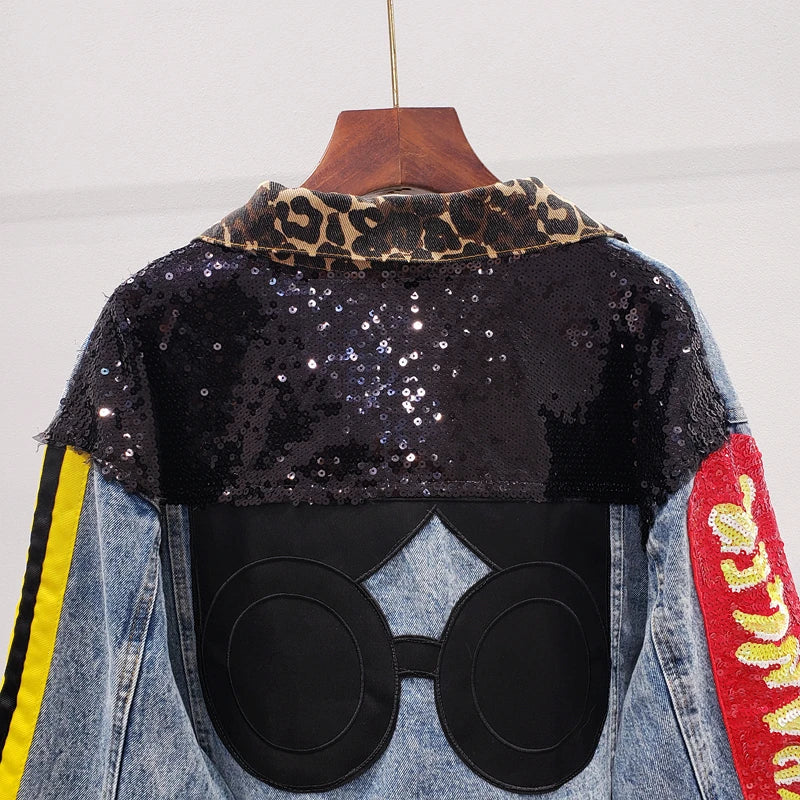 Sequins Loose Denim Jacket Girls Students High Street Party Jeans Coats Women 2023 New Female Nightclub Outwear Chaqueta Mujer SS69