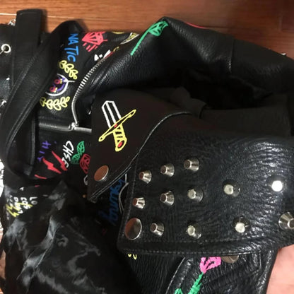 Fashion chain beading leather jacket Locomotive graffiti cartoon pu Leather Jacket female Punk Motorcyle Jacket with belt F2161 SS69