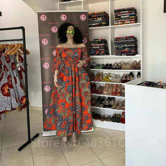 African National Print Party Dress Women Casual Sexy Slash-neck Lady Maxi Dress New Vintage Long-sleeved Loose Elegant Dresses