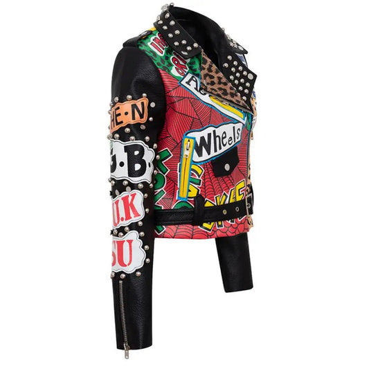 Autumn spring Locomotive graffiti cartoon pu Leather Jacket female Punk Style was thin Motorcyle Jackets Coat with belt F1962 SS69