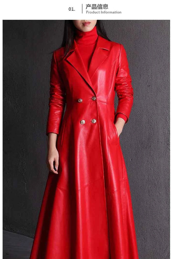 Lautaro Autumn Long Skirted Red Black Faux Leather Trench Coat for Women Double Breasted Elegant Luxury Fashion 4xl 5xl 6xl 7xl