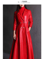 Lautaro Autumn Long Skirted Red Black Faux Leather Trench Coat for Women Double Breasted Elegant Luxury Fashion 4xl 5xl 6xl 7xl