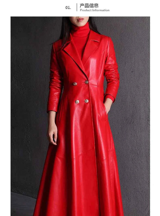 Lautaro Autumn Long Skirted Red Black Faux Leather Trench Coat for Women Double Breasted Elegant Luxury Fashion 4xl 5xl 6xl 7xl