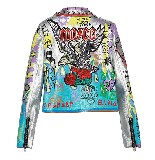 4XL fashion graffiti beading Women pu Leather Jacket Punk Style Motorcyle embrodiery leather Jackets Coats Streetwear F803 SS69