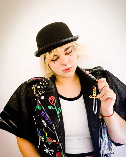 Fashion chain beading leather jacket Locomotive graffiti cartoon pu Leather Jacket female Punk Motorcyle Jacket with belt F2161 SS69