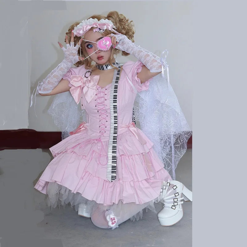 Harajuku Y2k Girls Sweet Pink Cross Lace Eyepatch Japanese Lolita Cosplay Accessory SS69