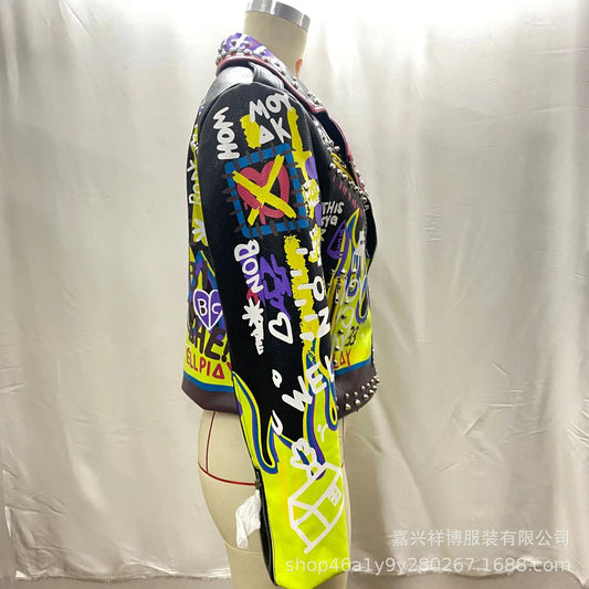 4XL fashion graffiti beading Women pu Leather Jacket Punk Style Motorcyle embrodiery leather Jackets Coats Streetwear F803 SS69