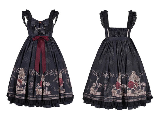 Vintage Lolita Jk Dress Women Black Gothic Bow Ruffles Party Camis Dress Japanese Kawaii Vacation Victorian Sleeveless Vestidos SS69