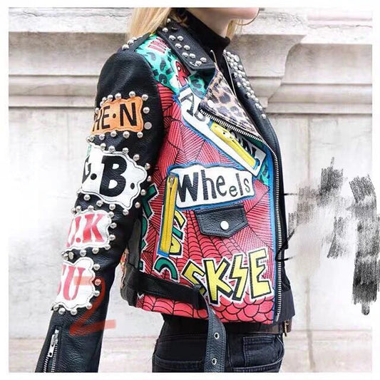 Autumn spring Locomotive graffiti cartoon pu Leather Jacket female Punk Style was thin Motorcyle Jackets Coat with belt F1962 SS69