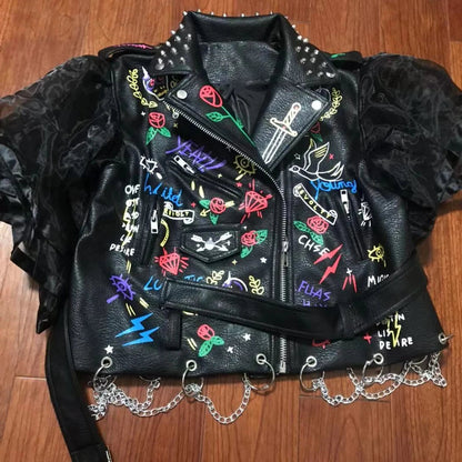 Fashion chain beading leather jacket Locomotive graffiti cartoon pu Leather Jacket female Punk Motorcyle Jacket with belt F2161 SS69