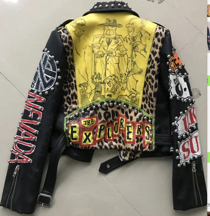 Autumn spring Locomotive graffiti cartoon pu Leather Jacket female Punk Style was thin Motorcyle Jackets Coat with belt F1962 SS69