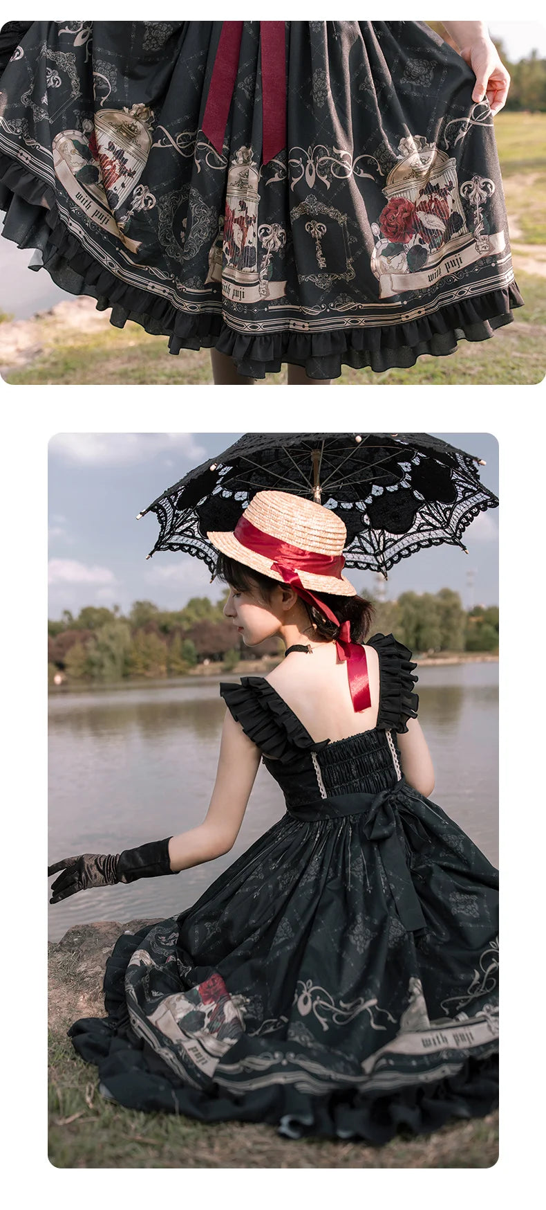 Vintage Lolita Jk Dress Women Black Gothic Bow Ruffles Party Camis Dress Japanese Kawaii Vacation Victorian Sleeveless Vestidos SS69
