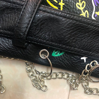 Fashion chain beading leather jacket Locomotive graffiti cartoon pu Leather Jacket female Punk Motorcyle Jacket with belt F2161 SS69