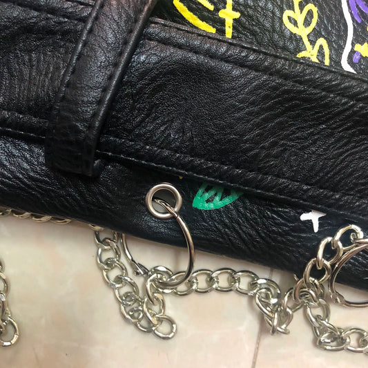 Fashion chain beading leather jacket Locomotive graffiti cartoon pu Leather Jacket female Punk Motorcyle Jacket with belt F2161 SS69