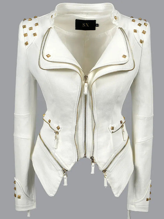SX women 2019 spring autumn denim rivet punk Short Slim fit jacket motorcycle Windbreaker zipper outerwear SS69 72.69 White / XS / CHINA