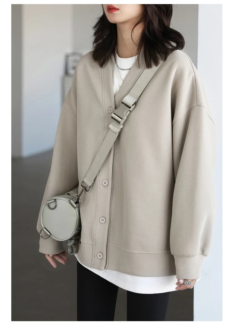 CHIC VEN Korean Autumn Winter Women's Sports Coat Casual Loose V-neck Sweatshirt for Women Thick Warm Tops Office Lady Female