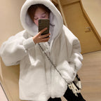 Nerazzurri Winter White Oversized Faux Fur Jacket Women with Hood Raglan Sleeve Zipper Korean Fashion Clothing for Womens 2021