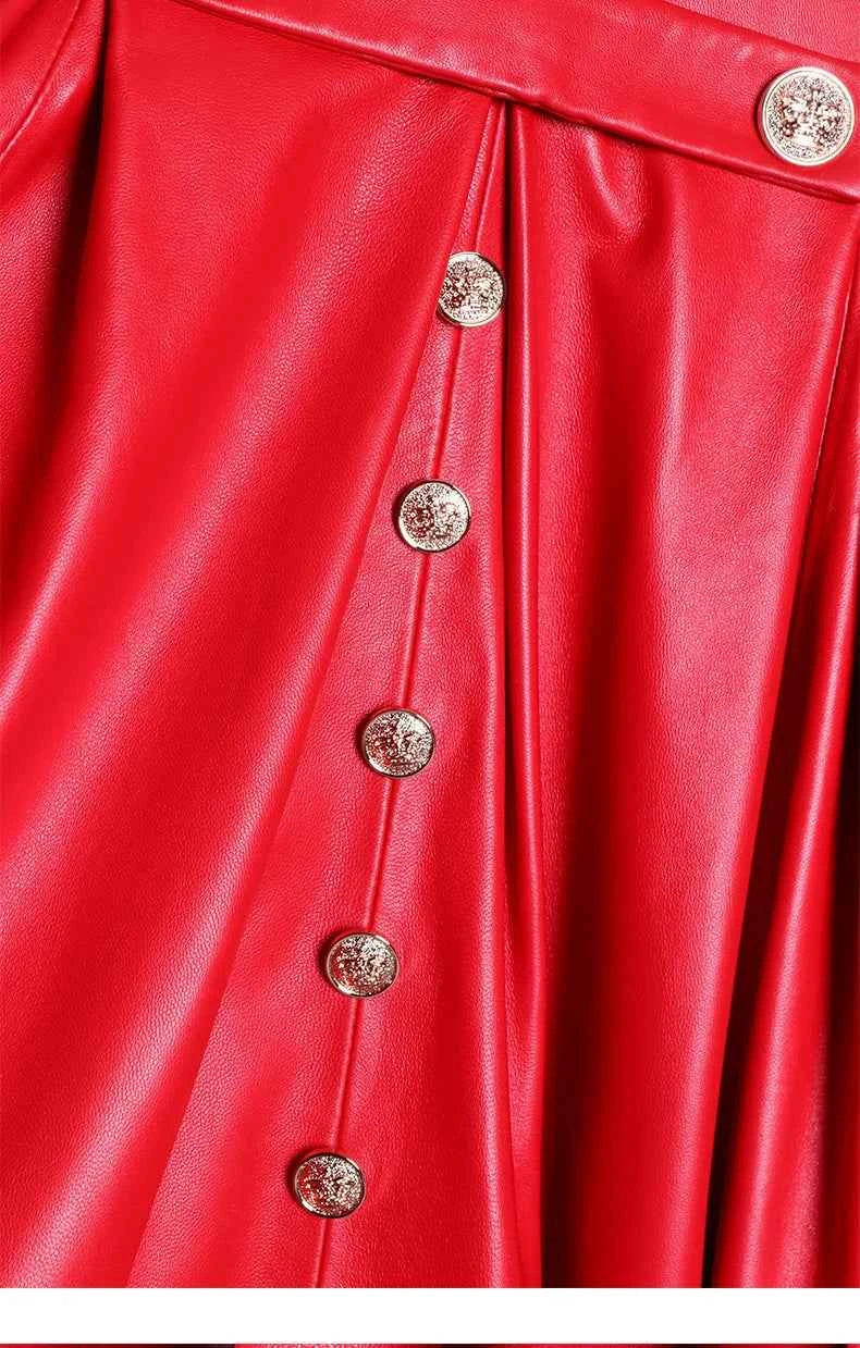 Lautaro Autumn Long Skirted Red Black Faux Leather Trench Coat for Women Double Breasted Elegant Luxury Fashion 4xl 5xl 6xl 7xl