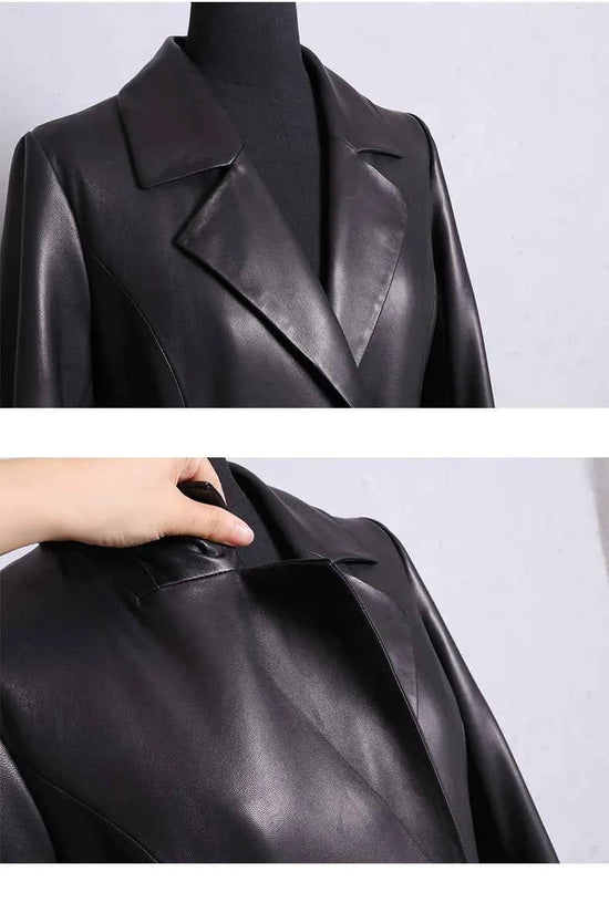 Lautaro Autumn Long Skirted Red Black Faux Leather Trench Coat for Women Double Breasted Elegant Luxury Fashion 4xl 5xl 6xl 7xl