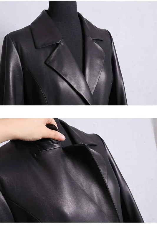 Lautaro Autumn Long Skirted Red Black Faux Leather Trench Coat for Women Double Breasted Elegant Luxury Fashion 4xl 5xl 6xl 7xl