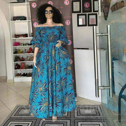 African National Print Party Dress Women Casual Sexy Slash-neck Lady Maxi Dress New Vintage Long-sleeved Loose Elegant Dresses